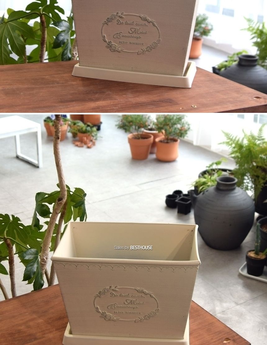 (화이트(아이보리)) 빈티지 플라스틱화분 옆이넓은 직사각 Q26 26x16x20cm/화분/정원용품/홈가드닝용품/가