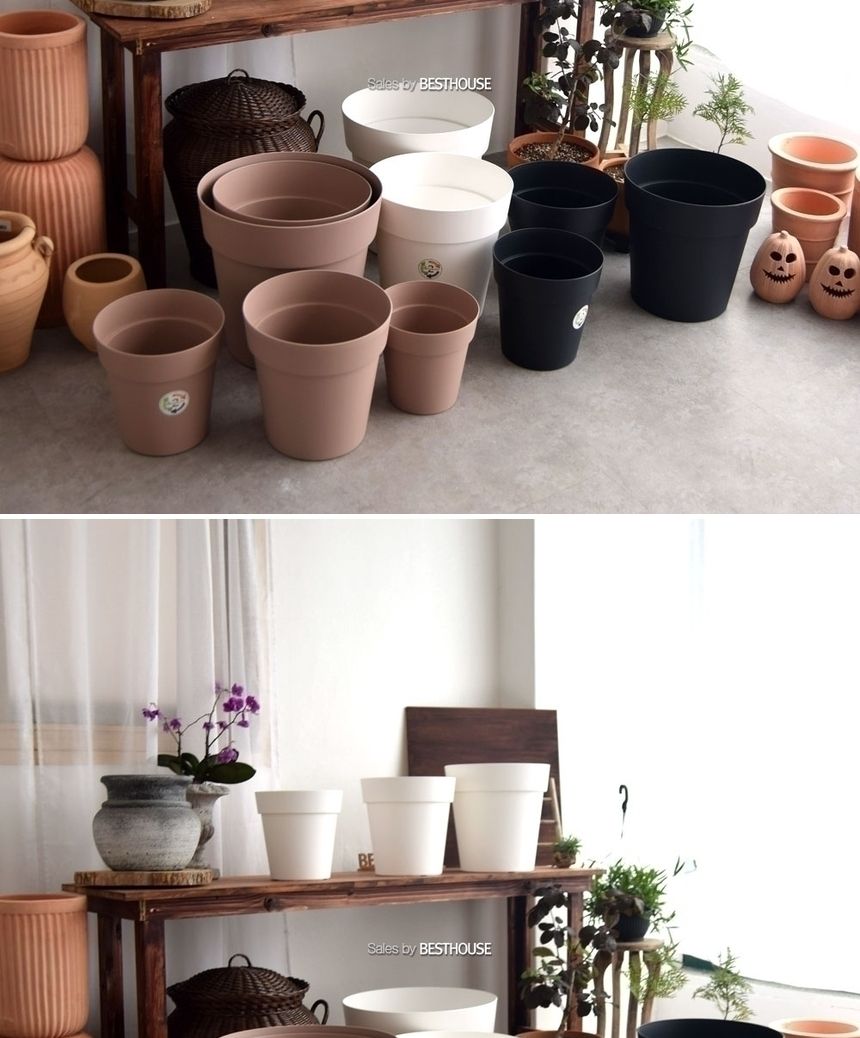 (물구멍X-브라운) 이탈리아 니콜리 원형 ARKE PE화분.R3930 30x30cm/화분/정원용품/홈가드닝용품/가드닝용