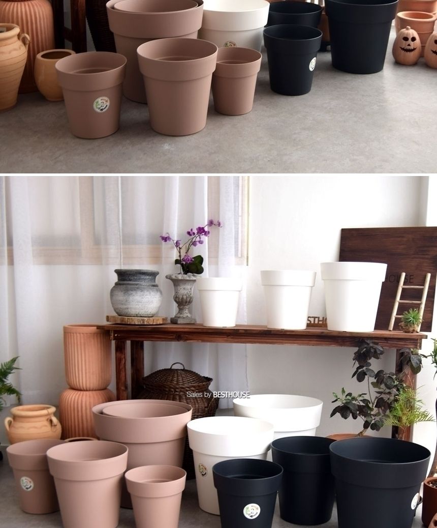 (물구멍타공(단순변심불가)-브라운) 이탈리아 니콜리 원형 ARKE PE화분.R3922 22x22cm/화분/정원용품/홈가