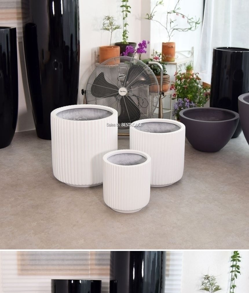 (물구멍타공(단순변심불가)) 모던 FRP 세로줄원통 HP1394 D38 38x39cm 화이트/화분/도기화분/예쁜화분/빈티