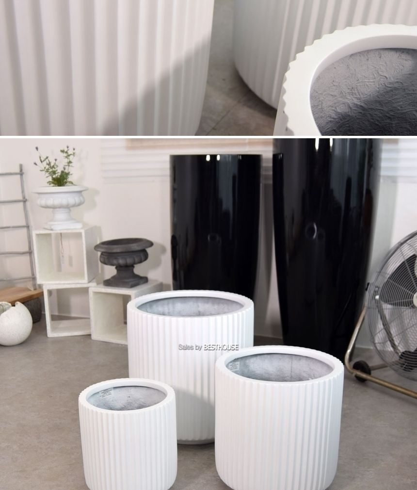 (물구멍타공(단순변심불가)) 모던 FRP 세로줄원통 HP1394 D38 38x39cm 화이트/화분/도기화분/예쁜화분/빈티