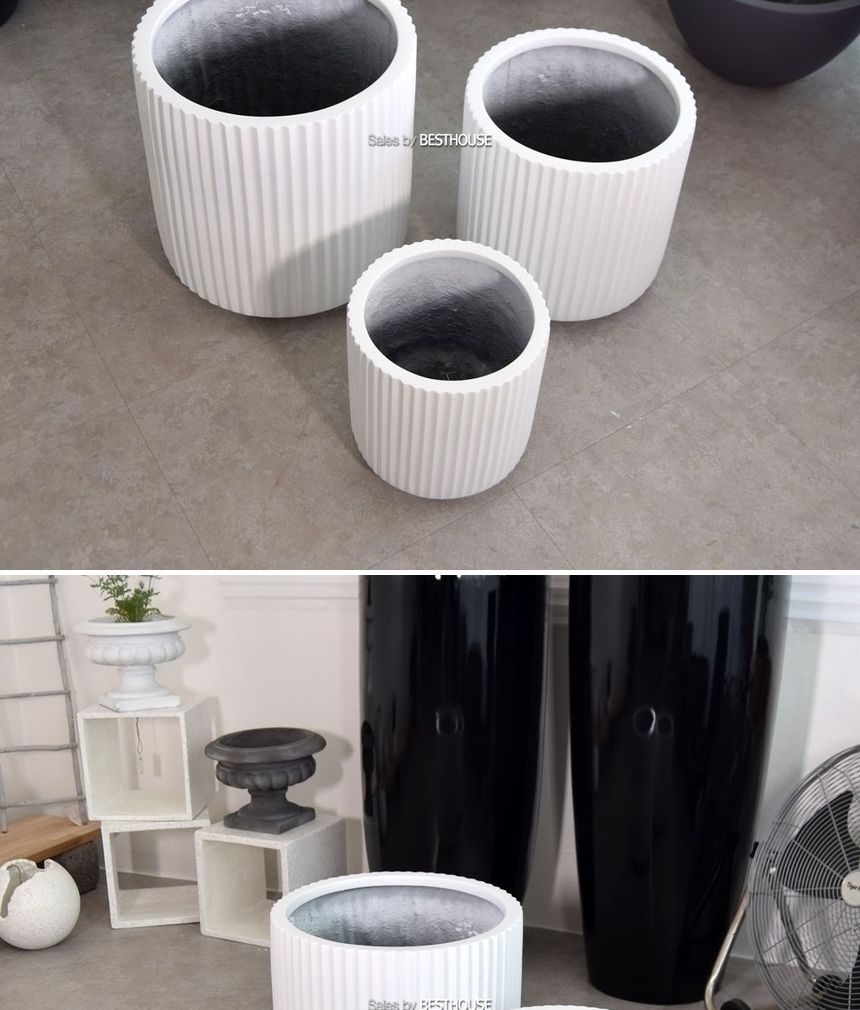 (물구멍X) 모던 FRP 세로줄원통 HP1394 D29 29x31cm 화이트/화분/정원용품/홈가드닝용품/가드닝화분/가정용