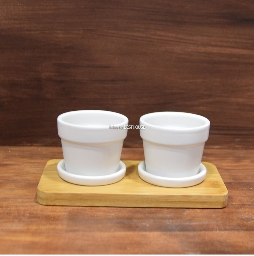 모던 도기 우드트레이 미니 원형 2구셋트 화분 (7x6cm x 2pcs)/화분/정원용품/홈가드닝용품/가드닝용품/가