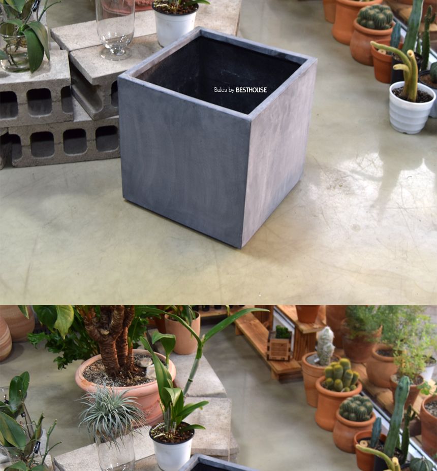 (물구멍타공(단순변심불가)) 모던 FRP 초대형화분 정사각 HP1055 D40 40x40cm 네추럴시멘트/화분/정원용품/