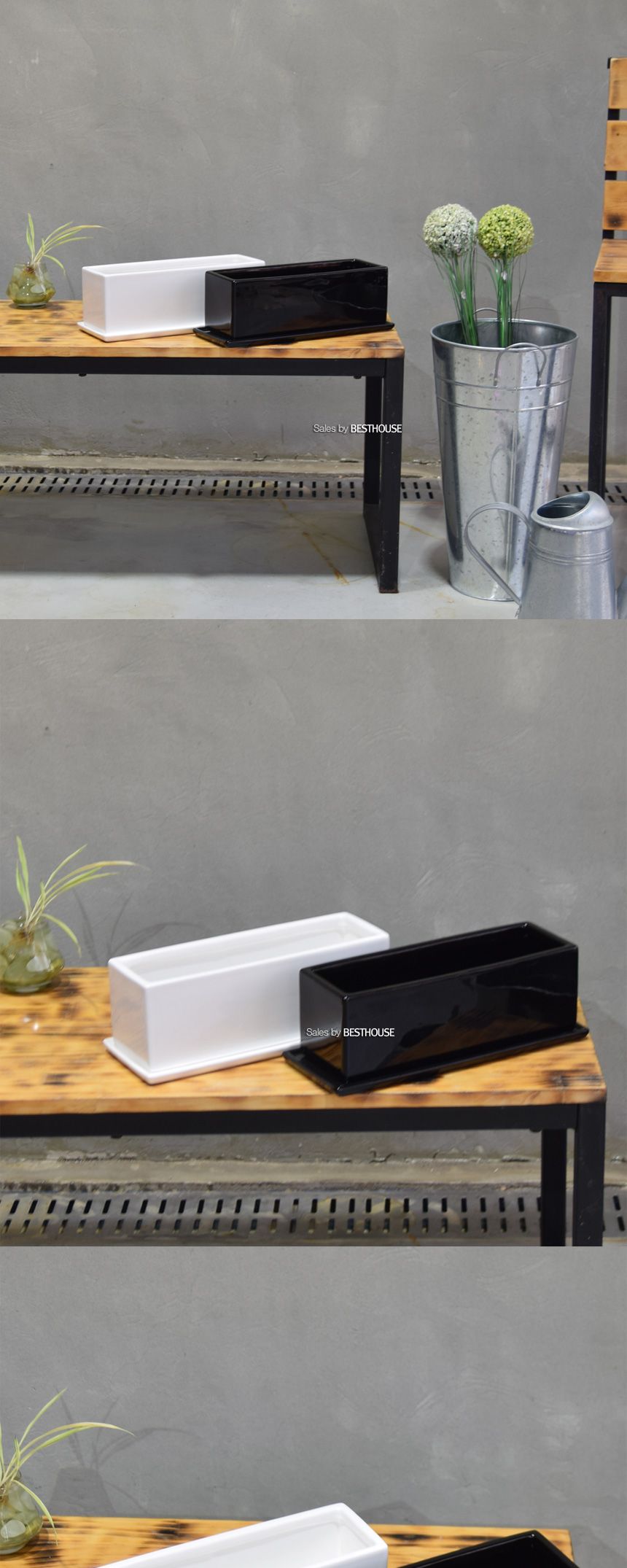 (화이트 유광) 모던 도기화분 옆이 넓은 직사각 30x10x10cm/사각화분/분갈이화분/원예화분/분갈이사각화분/