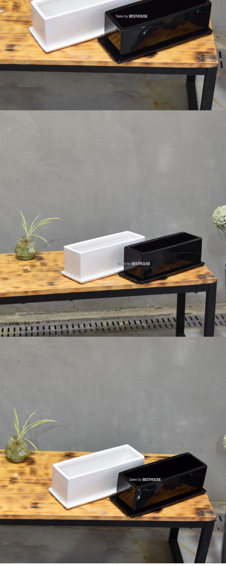 (화이트 유광) 모던 도기화분 옆이 넓은 직사각 30x10x10cm/사각화분/분갈이화분/원예화분/분갈이사각화분/