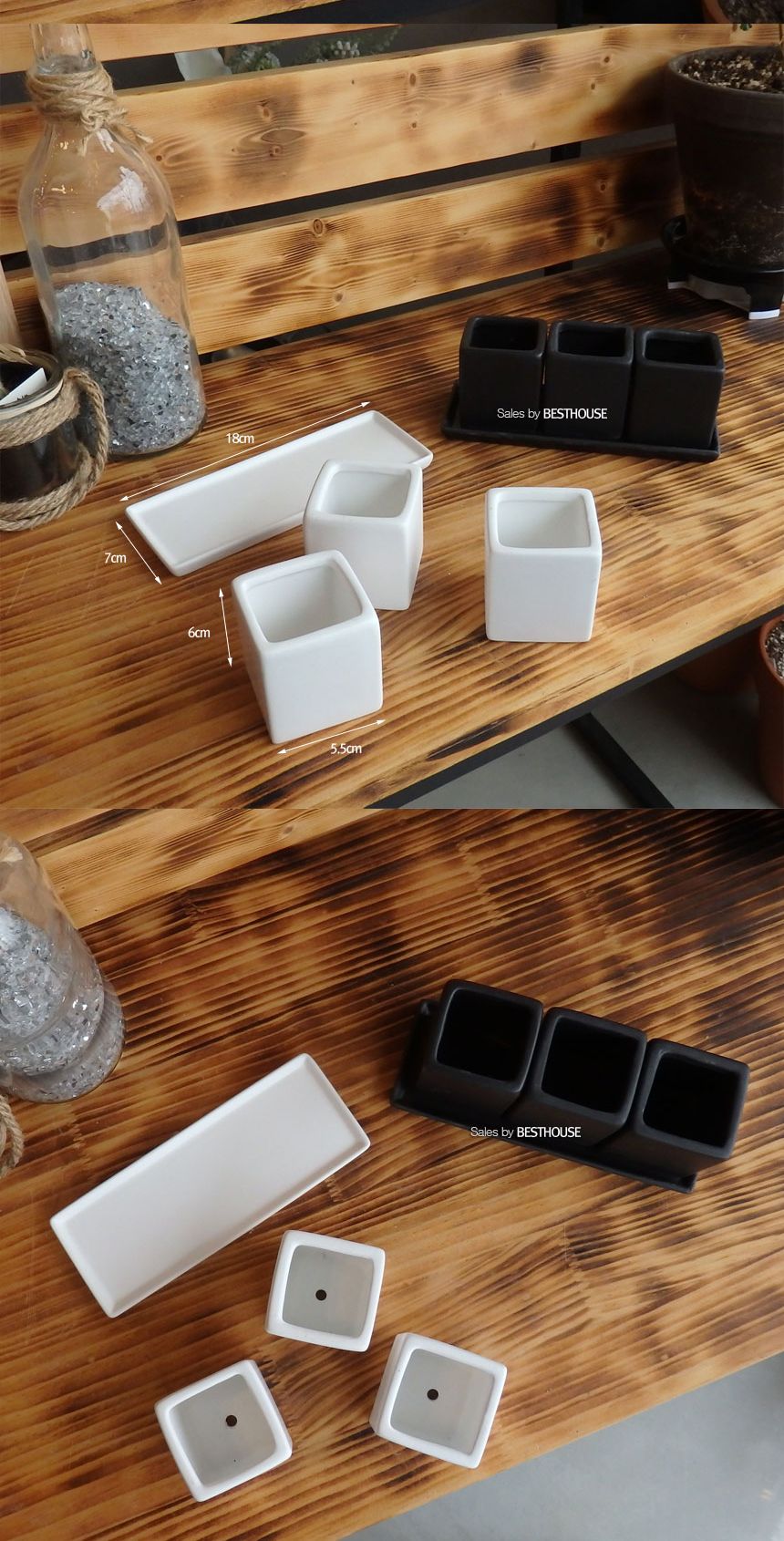 (화이트) 모던 도기 미니 사각 3구 셋트 (5x5x6cm x3pcs)/도자기화분/미니화분/도기사각화분/미니도기화분/