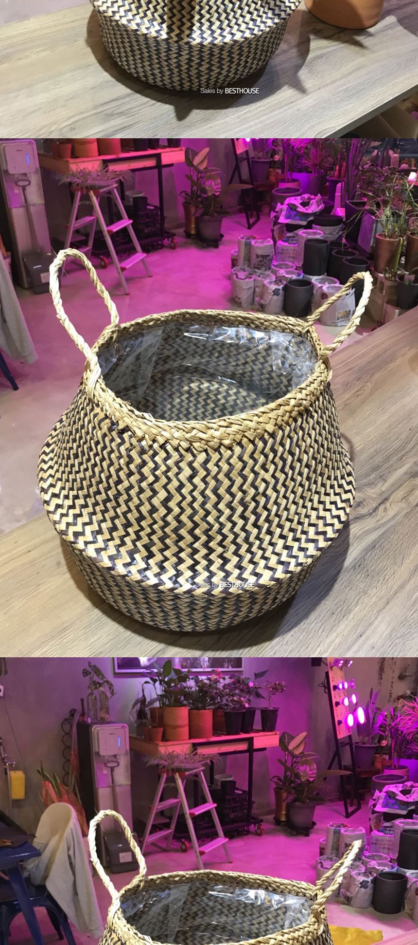 컬러 해초바구니-2중비닐 왕골 화분커버(중형) 22x27cm/화분선물/화초화분/꽃화분/심플한화분/모던한화분/