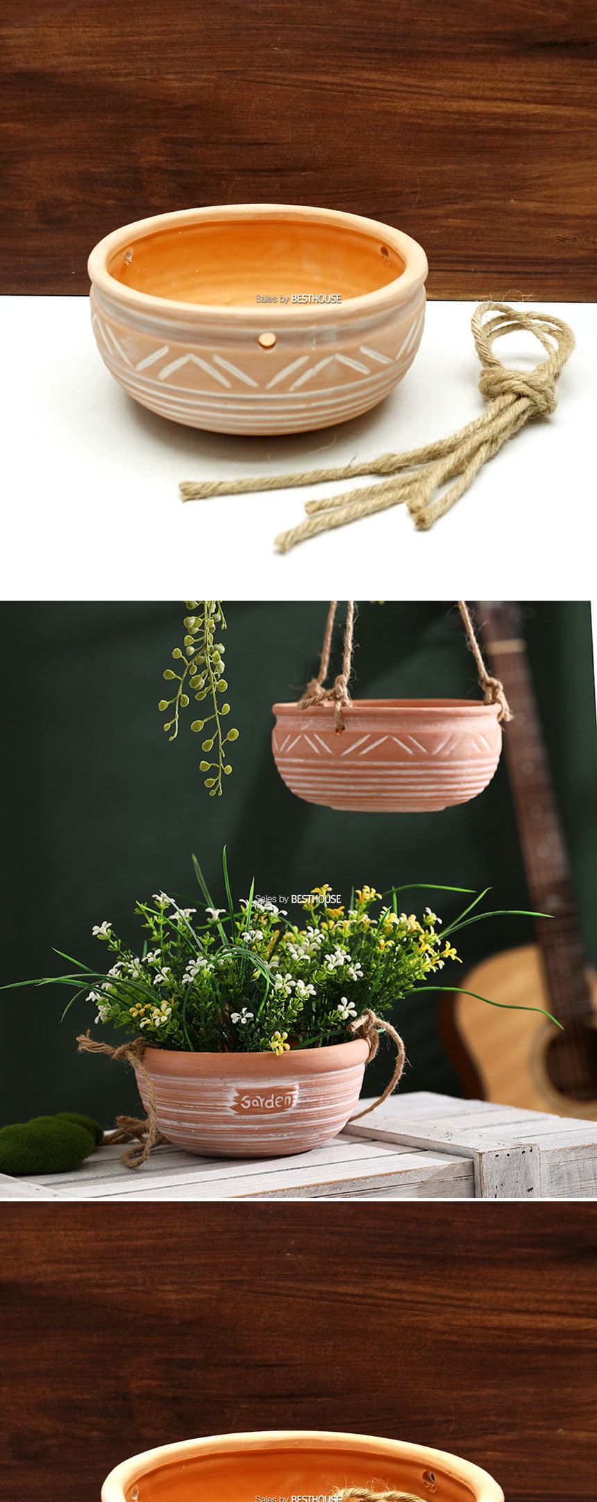 (물구멍o) 모던 브라운 행잉 토분 화분 (빗살무늬) 대 D17x7cm/행잉화분/빗살무늬화분/장식화분/디자인화분