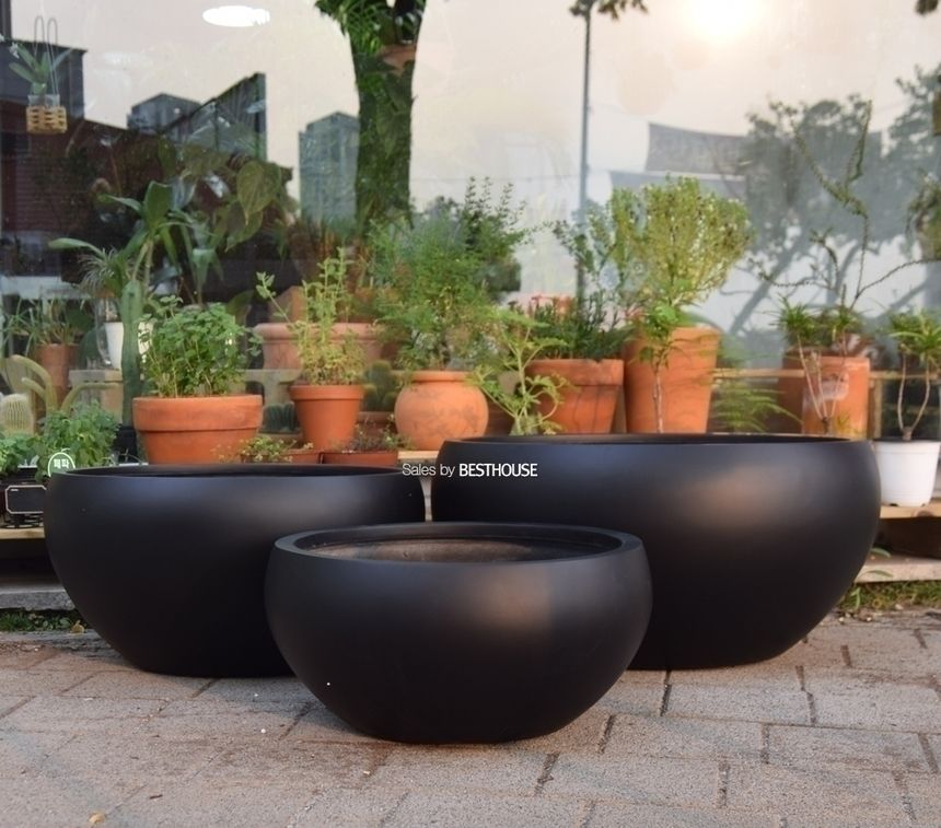 (물구멍X) 모던 FRP 낮은원형 HP1282 41x20cm 무광블랙/화분/정원용품/홈가드닝용품/가드닝화분/가정용화분