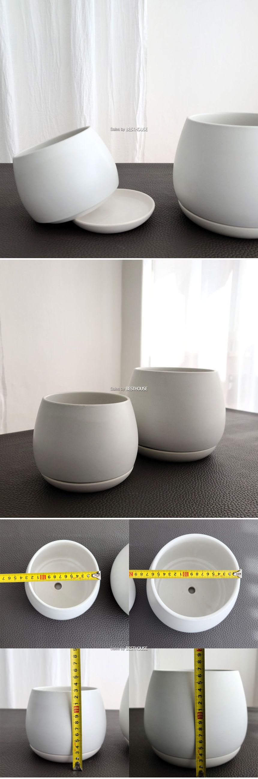 모던 도기 화분 받침일체형 볼 13x13cm 화이트무광/도기화분/받침일체형화분/장식화분/디자인화분/실내화분