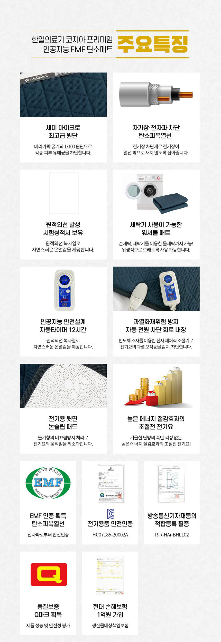 코지아 EMF 탄소매트 모던네이비 싱글 1인용 전기매트 침대 온열 캠핑 차박 난방 전자파차단 장판/캠핑용전