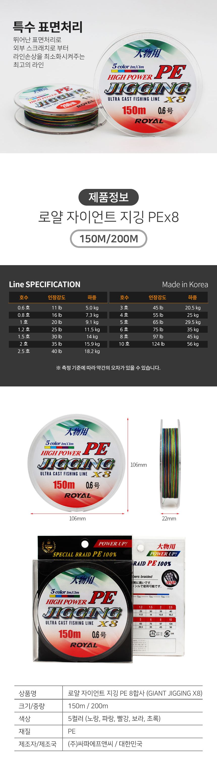 로얄 자이언트 지깅 PE 8합사 150m 오색 0.6호 낚시줄 낚싯줄 낚시도구 합사줄 합사낚시줄 릴낚시줄 바다낚시 낚시준비물 민물낚시줄 바다낚시줄 낚시줄교체 낚싯줄교체