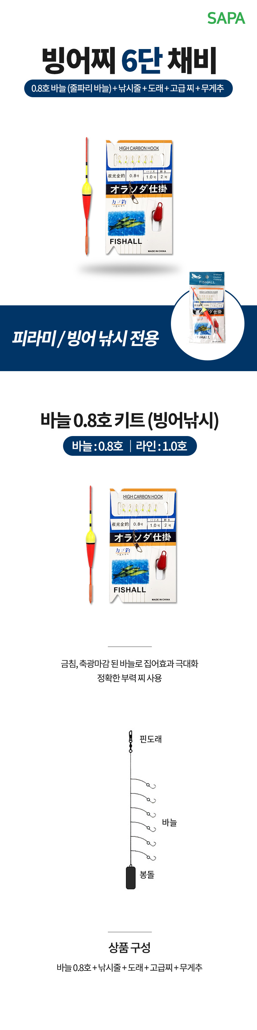 싸파 빙어찌 채비 0.8호 빙어낚시찌 빙어채비 빙어찌6단채비 도래 낚시줄 고급찌 무게추 빙어찌바늘 줄파리바늘 피라미채비