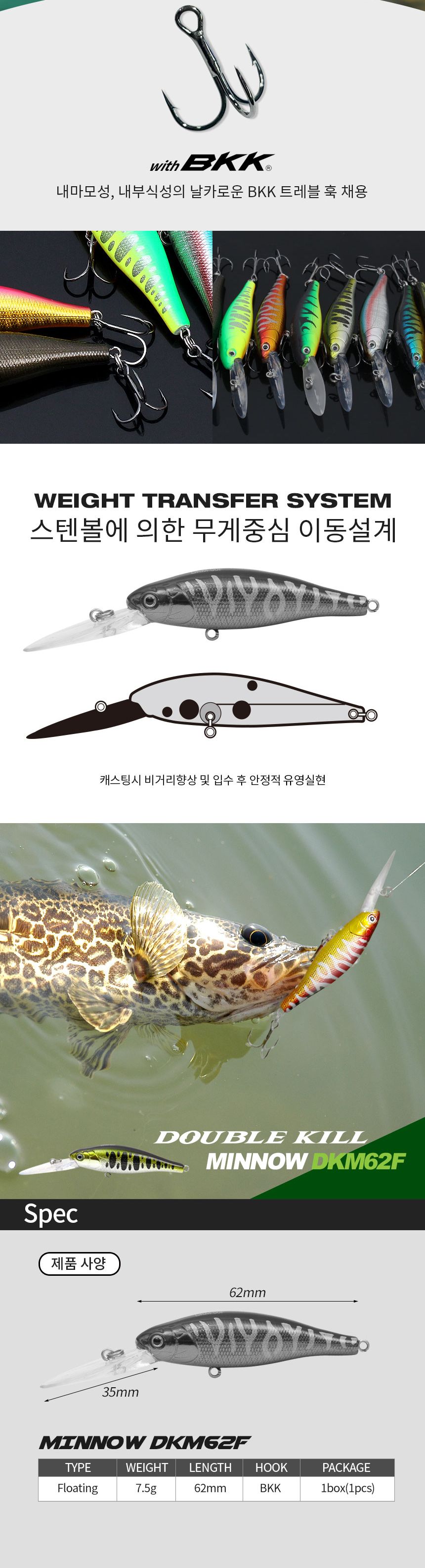싸파 더블킬 쏘가리 미노우 62mm DKM62S-K005/물고기미끼/가짜미끼/낚시미노우/미끼미노우/낚시용미끼/피싱