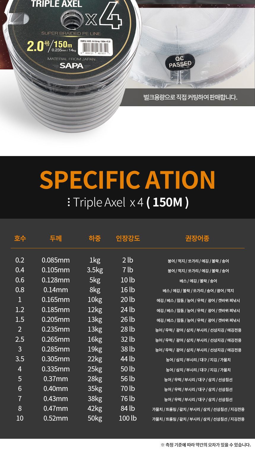 싸파 트리플악셀 4합사 150M 0.4호 회색 연결 낚시 줄/낚시줄/낚싯줄/합사줄/낚시합사줄/낚시악세사리/낚시