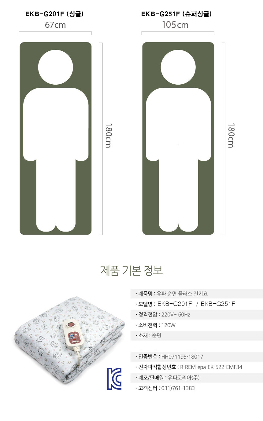 캠핑 자취꿀템 유파 순면 플러스 전기요(1인용 67x180cm) EKB-G201F/매트/전기매트/온열매트/온열전기요/난