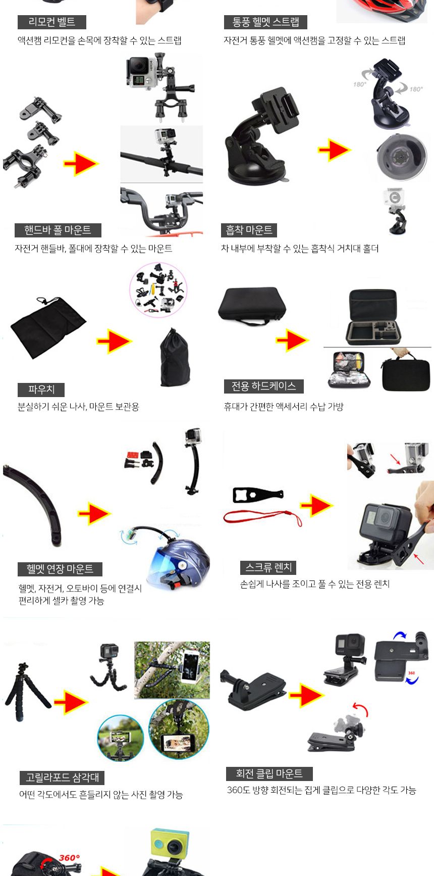액션캠 액세서리 21종 세트/액션캠용품/액션캠소품/액션캠악세사리/액션캠도구/액션캠편의도구/액션캠거치