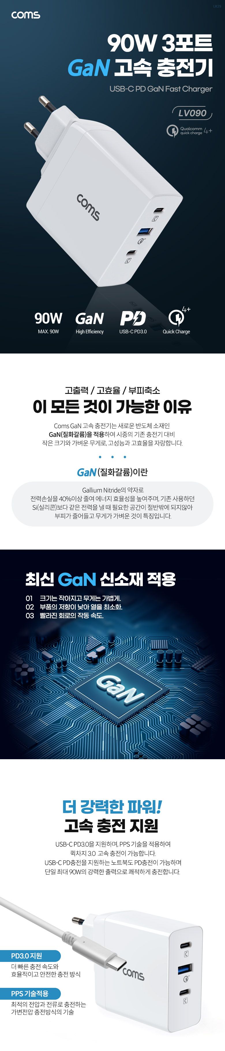 Coms 90W 3포트 GaN 고속 충전기 USB-C PD3.0 QC4.0+ C타입 케이블 USB 전원 AC DC. 스마트폰. 태블릿/C타