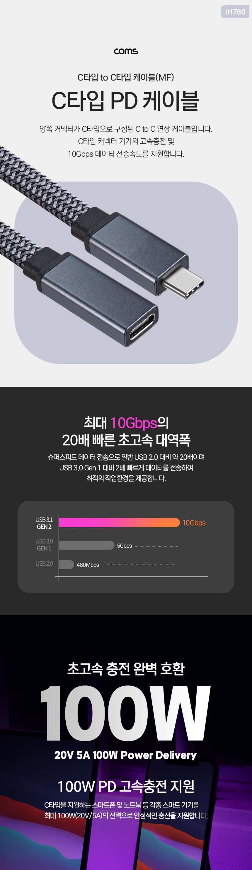 Coms USB 3.1 Type C PD 케이블 1M C타입 MF 연장 10Gbps 100W 5A/USB31TYPECPD케이블/USB31C타입PD케이블/