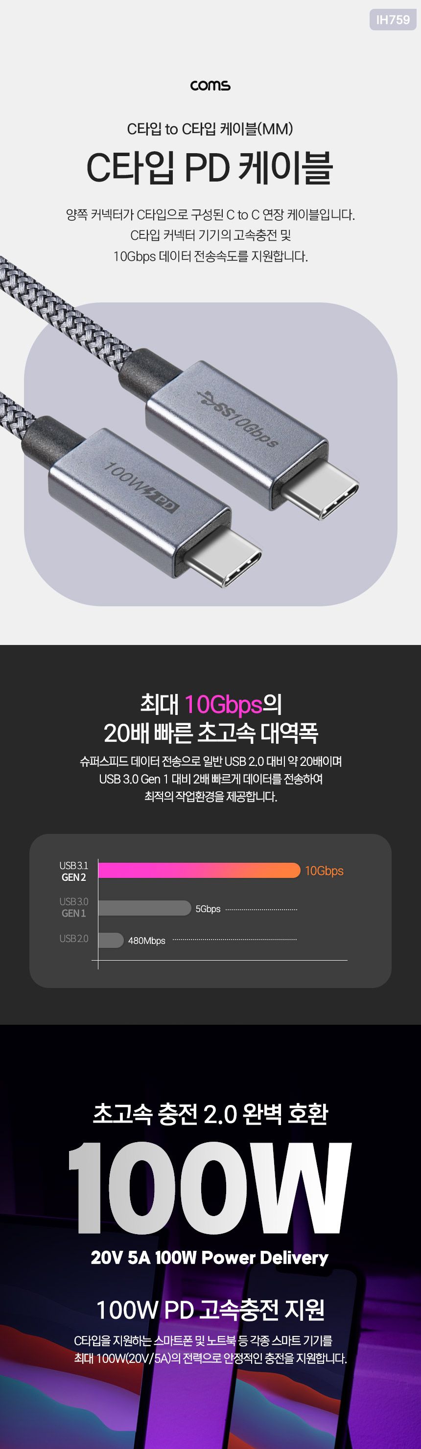 Coms USB 3.1 Type C PD 케이블 1M/USB31TYPECPD케이블/USB31C타입PD케이블/데이터케이블/C타입케이블/C타