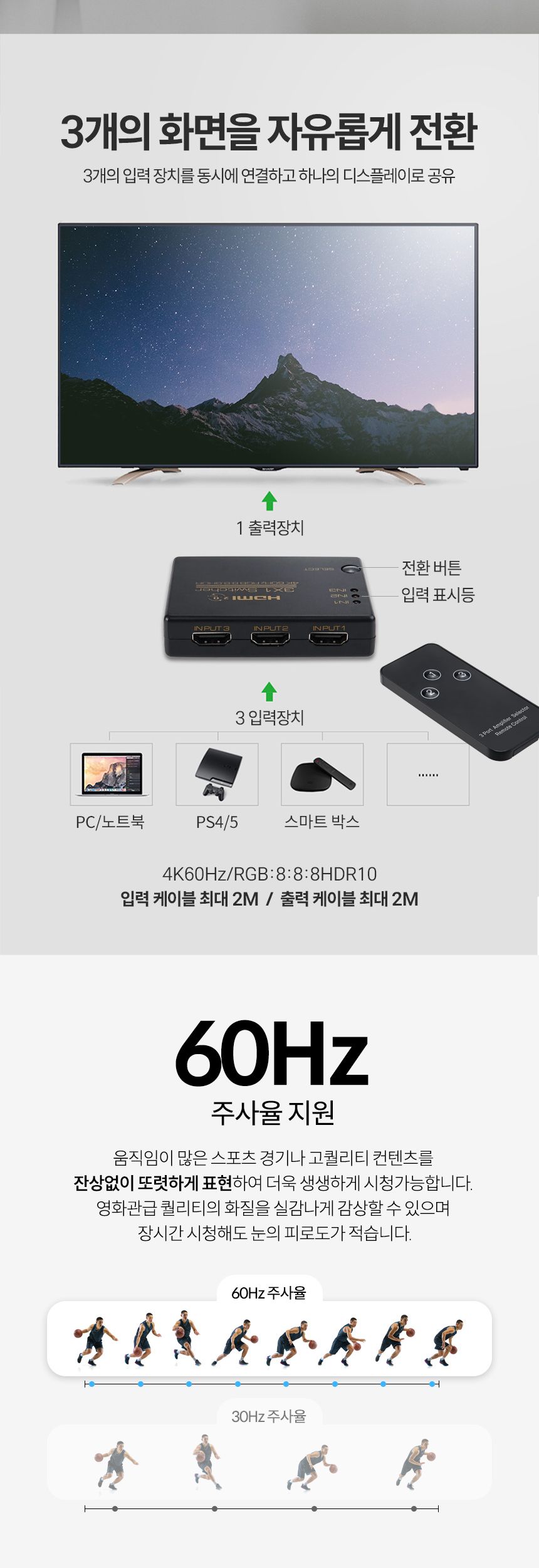 Coms HDMI 3:1 선택기 4K 60Hz/HDMI31선택기/31선택기/모니터선택/비디오선택기/HDMI선택기/모니터선택기/H