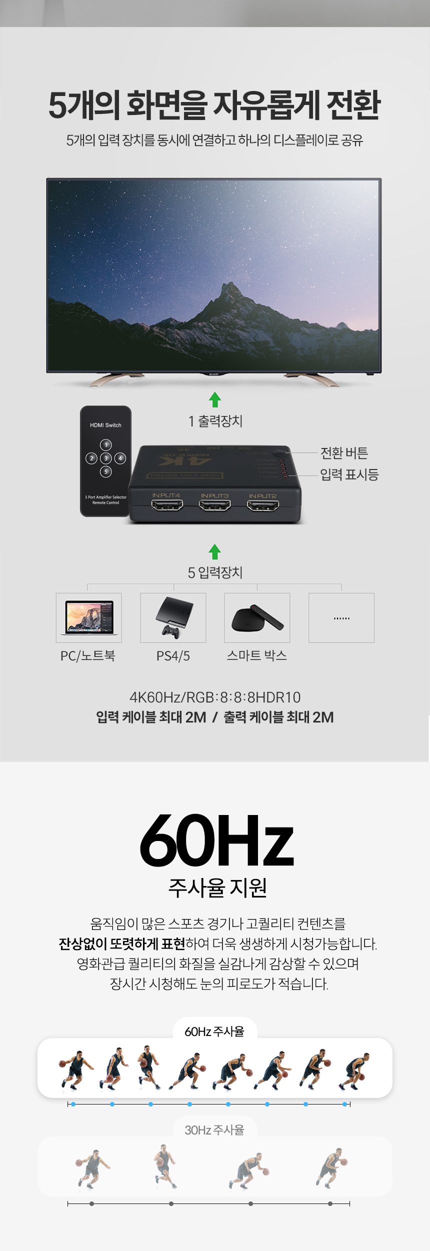 Coms HDMI 5:1 선택기 4K 60Hz 5입력 1출력/4K선택기/HDMI선택기/고급선택기/네트워크선택기/수동스위치선