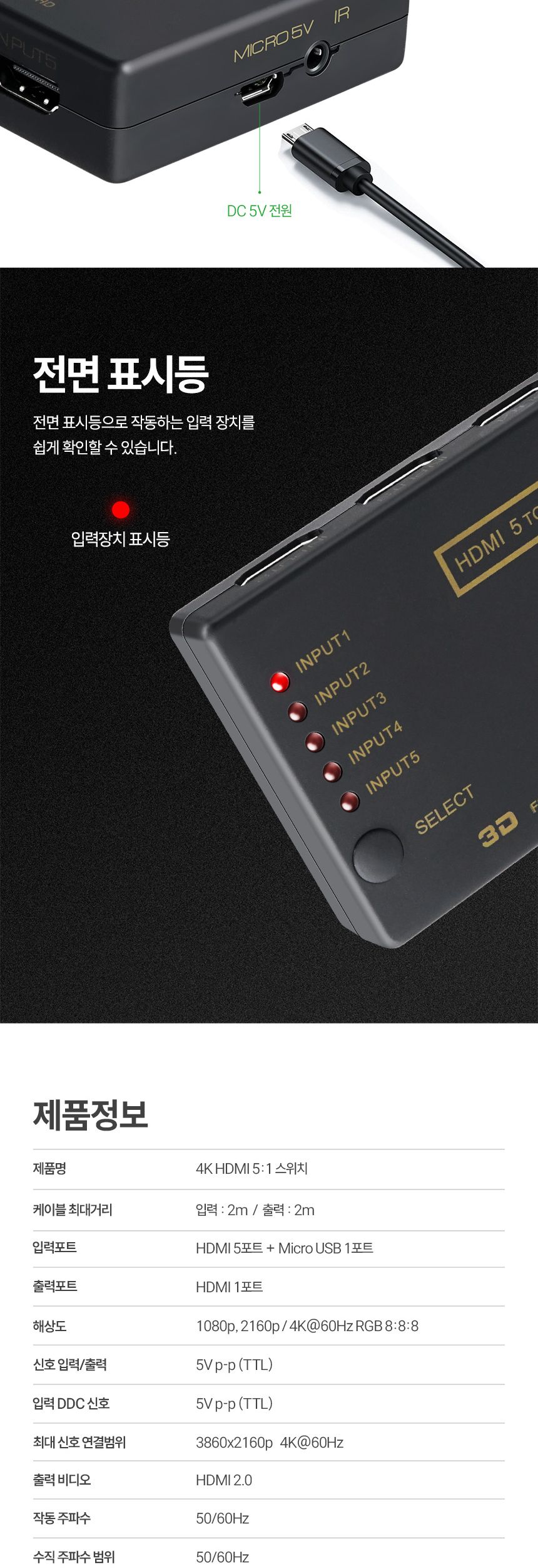 Coms HDMI 5:1 선택기 4K 60Hz 5입력 1출력/4K선택기/HDMI선택기/고급선택기/네트워크선택기/수동스위치선