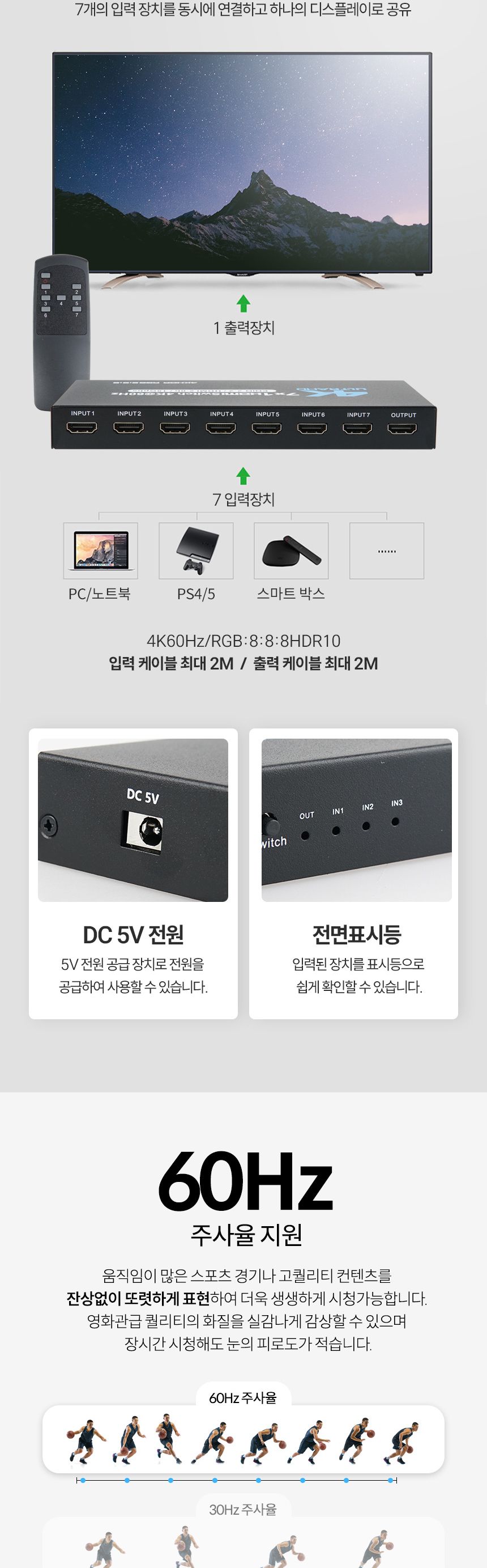 Coms HDMI 7:1 선택기 4K 60Hz/영상선택기/모니터선택/비디오선택기/HDMI선택기/모니터선택기/HDMI선택/PC