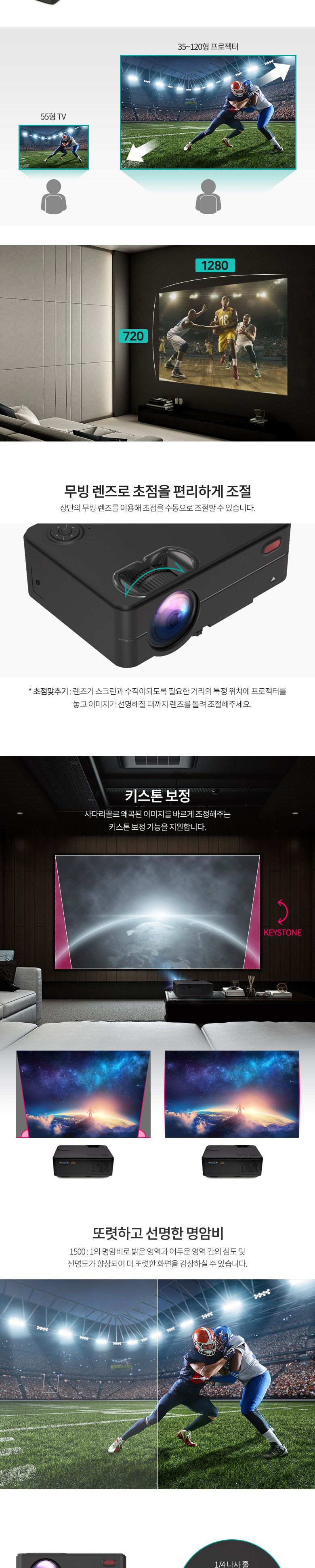 (특가) Coms LED 빔프로젝터 1280x720 해상도 업그레이드 블랙 1500루멘 HDMI. VGA. USB. AV in. 오디오 ou