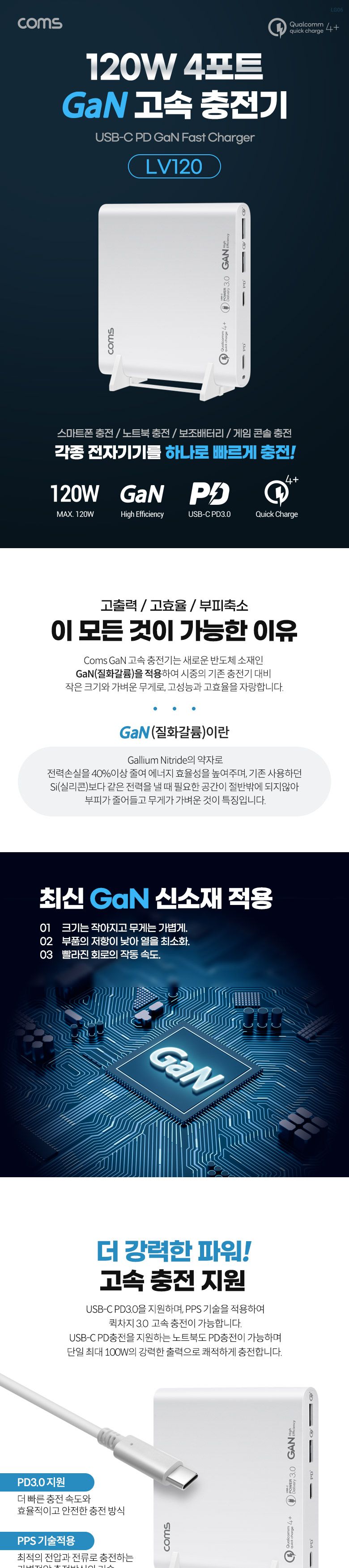 Coms 120W 4포트 GaN 고속 충전기 USB-C PD3.0 QC4.0+ C타입 케이블 E-marker 100W 5A 스마트폰 태블릿/노