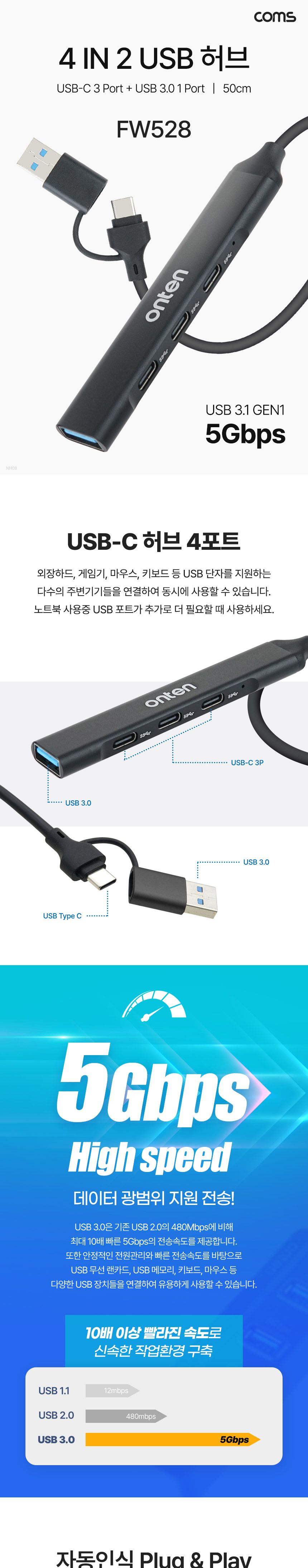 Coms 4 IN 2 꼬리물기 허브 4포트 USB Type C Gen1 USB 3.0/4포트허브/USB4포트허브/USB4포트연결/데이터전