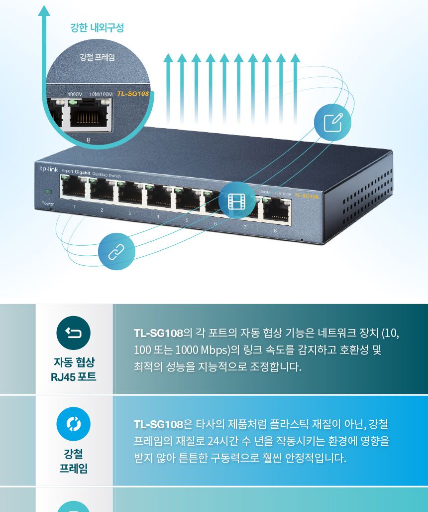 티피링크 기가비트 스위칭 허브 TL-SG108 (1153) (Y)/허브/스위칭허브/PC허브/네트워크허브/컴퓨터허브/8포