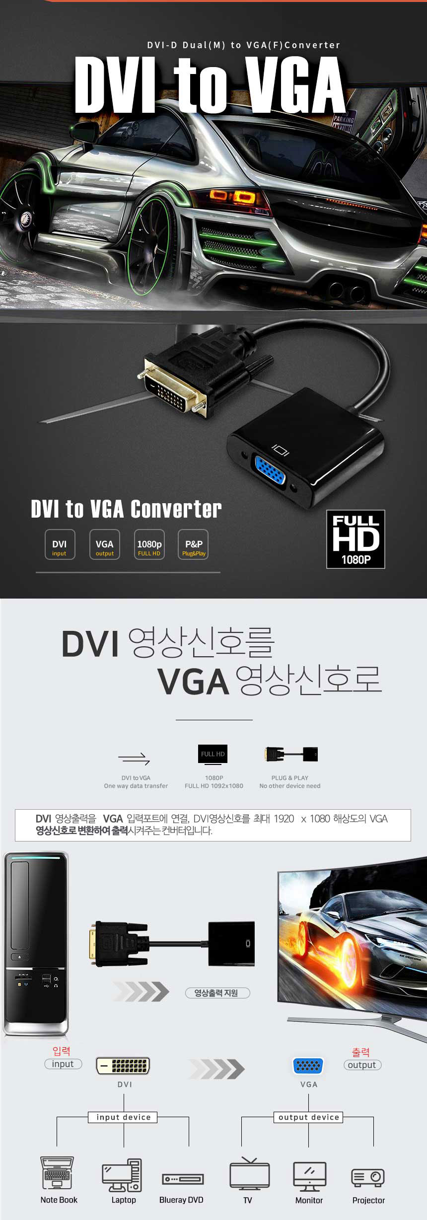 RGB D-SUB VGA TO DVI 컨버터 변환 젠더 케이블/HDMI/HDMI젠더/HDMI컨버터/HDMI영상젠더/HDMI변환젠더/HDMI