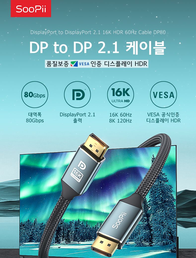 Soopii VESA 16K DP to DP 2.1 케이블 DP80 3m/영상선/하이브리드영상케이블/영상케이블/광케이블연결/광케