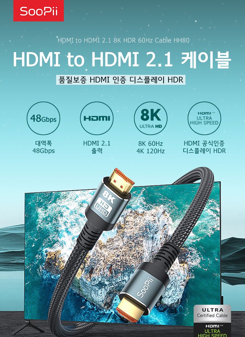 Soopii ULTRA HIGH SPEED HDMI2.1 인증케이블 HH80 3m/영상선/하이브리드영상케이블/영상케이블/광케이블연