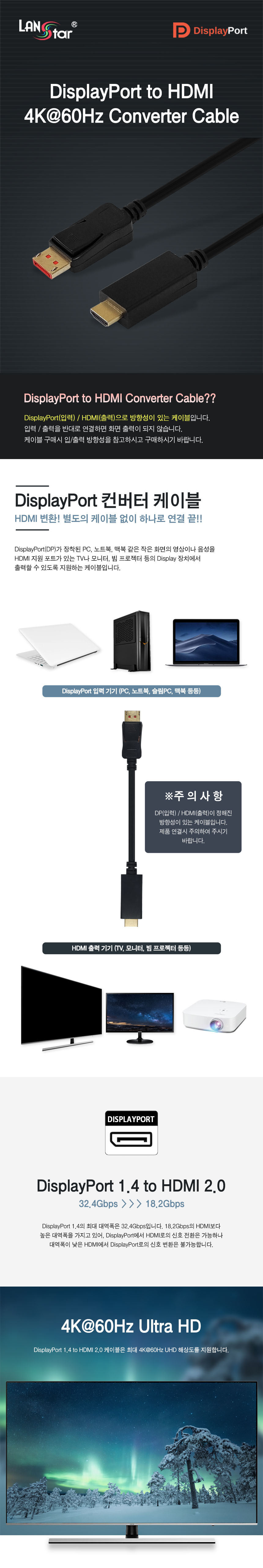 DP to HDMI 케이블 화면복제확장 대역폭32.4Gps 5M/HDMI/HDMI케이블/HDMI선/모니터케이블/노트북용케이블/