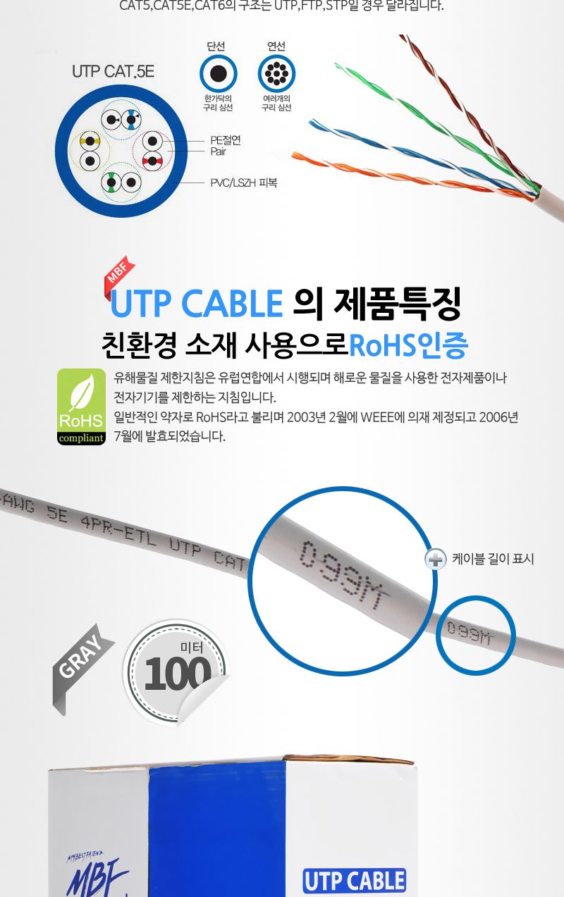 CAT.5E UTP 제작형 랜 케이블 100M 박스 그레이