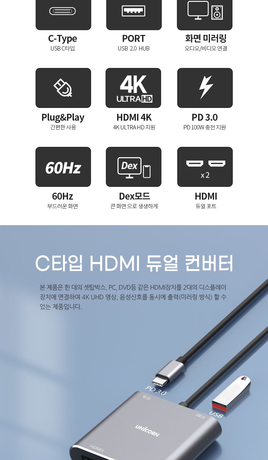 유니콘 CH-400KD 듀얼 디스플레이 컨버터 4IN1/컨버터/영상미러링/데이터전송/모니터컨버터/모니터젠더/HDM