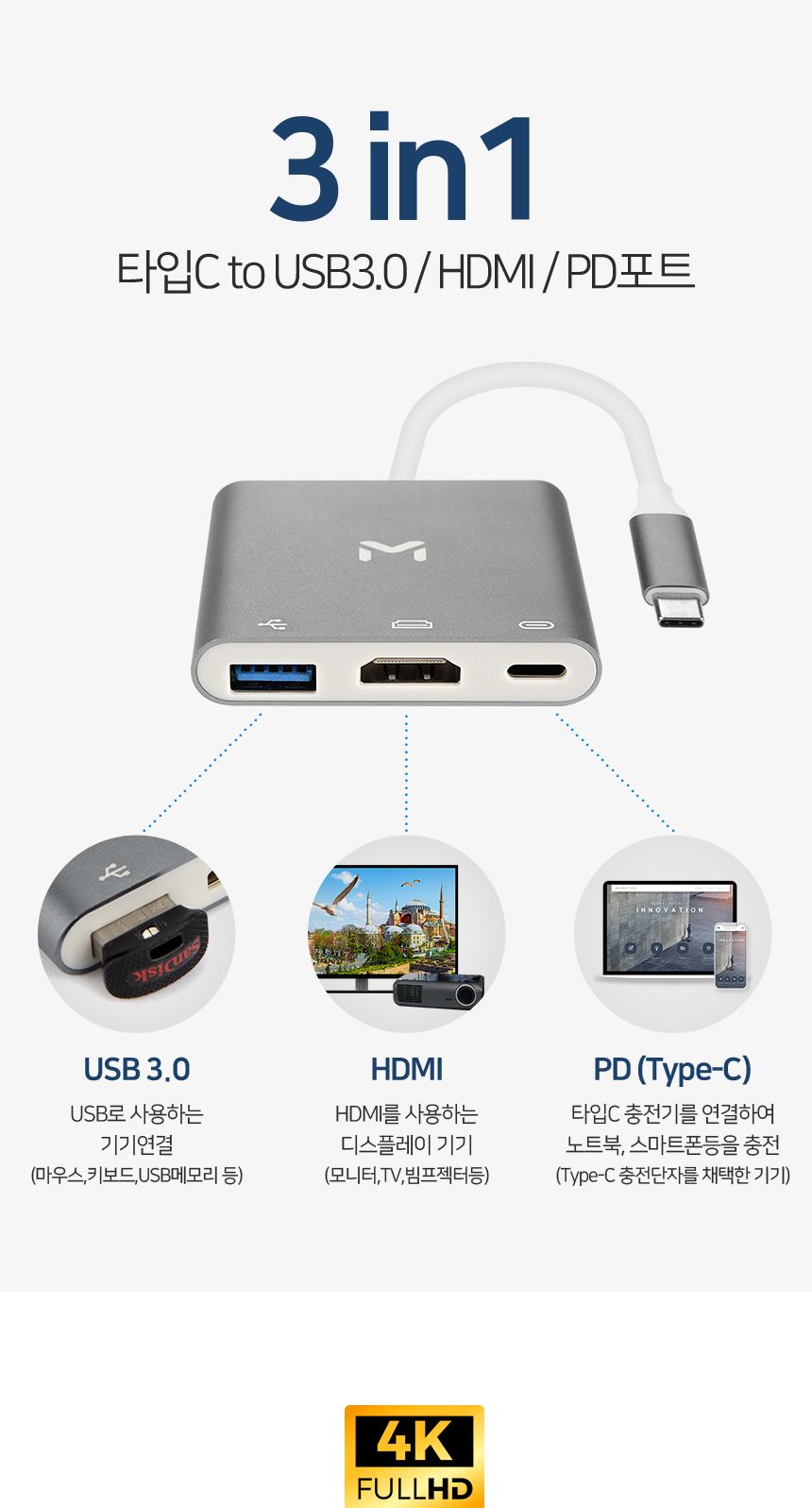 메이텍 C타입 멀티허브 HDMI PD충전 3in1 미러링 맥북/USB허브/C타입허브/멀티허브/맥북허브/USB30허브/C타