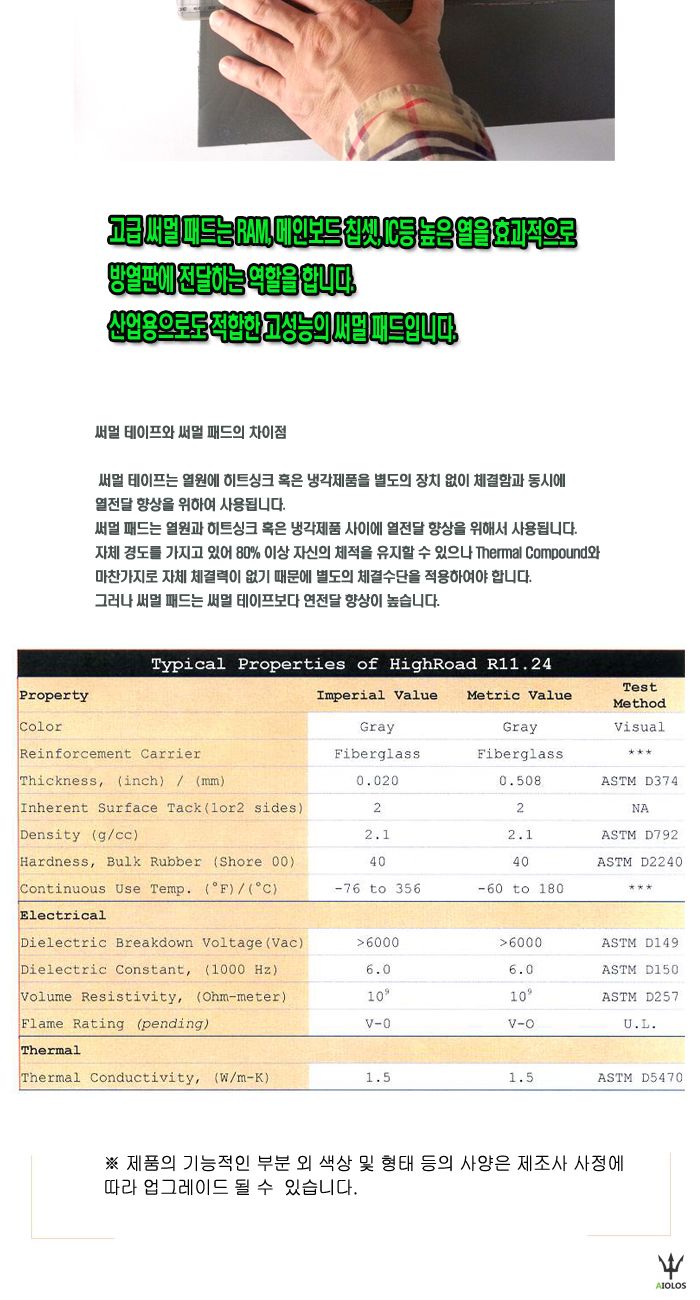 Aiolos 써멀 패드 200mmX150mmX0.5mm/열전도패드/냉각용패드/열전도용품/열전도테이프/써멀테이프/쿨러/방