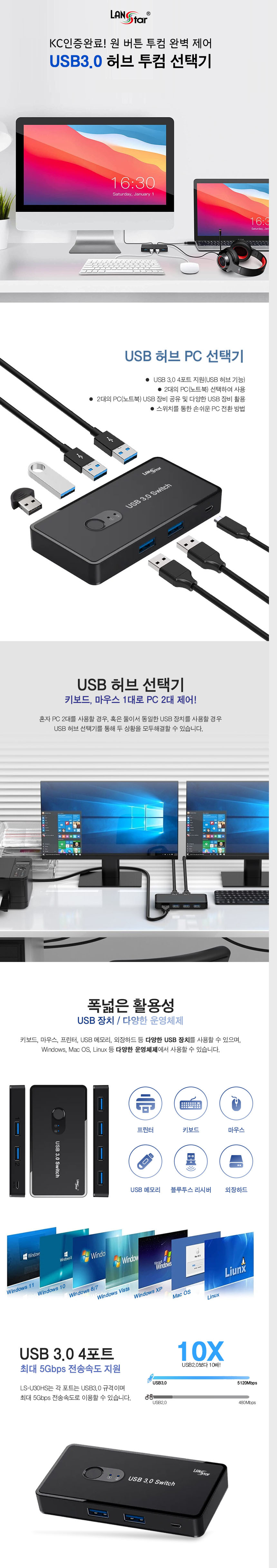 USB3.0허브 KVM스위치 두기능구현 4포트 PC 선택기/KVM스위치/KVM/관제실장비/서버관리/모니터/모니터제어/