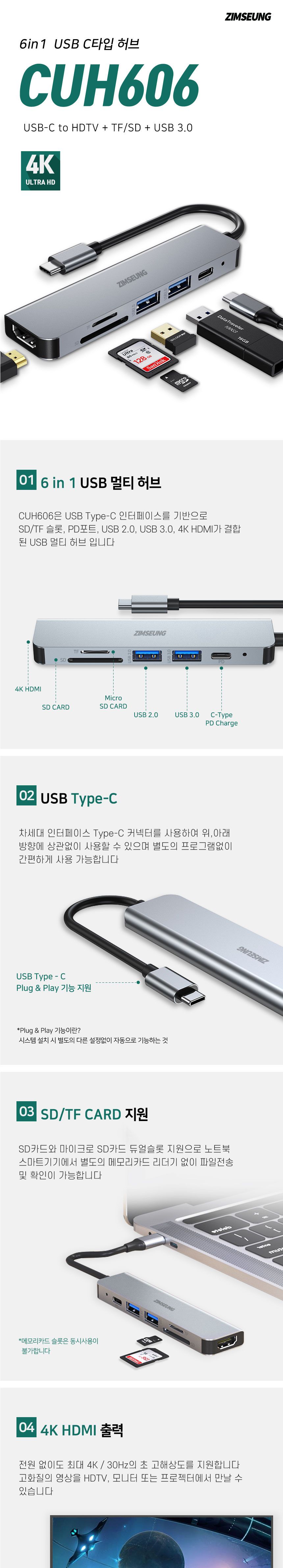 짐승 6in1 USB C타입 허브 HDMI 4K 멀티포트 노트북/USB허브/멀티허브/SD카드리더기/C타입/C타입허브/C타입