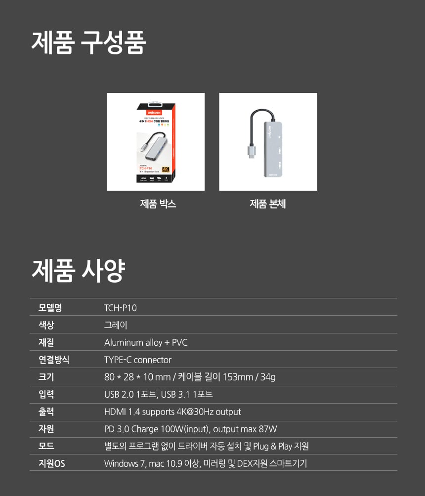 유니콘 4IN1 HDMI C타입 멀티허브 USB3.1 4K미러링 PD/허브/C타입멀티허브/USB멀티허브/SD카드리더기/맥북