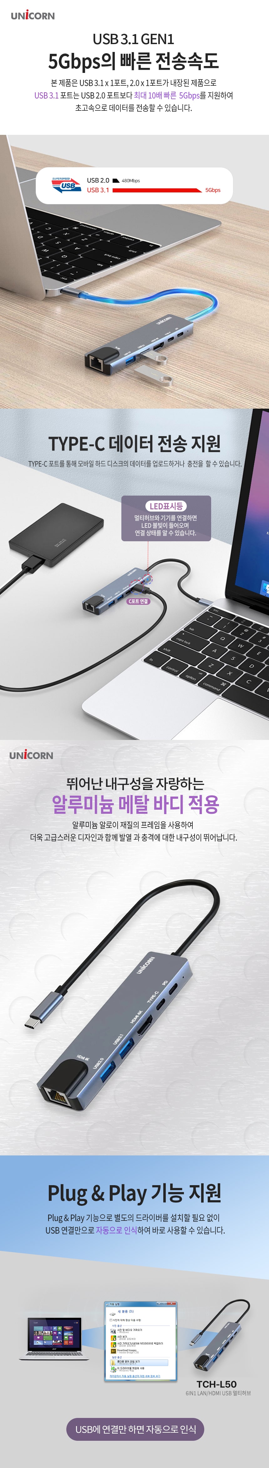 유니콘 6IN1 LAN포트 HDMI USB멀티허브 USB-C통신포트/허브/C타입멀티허브/USB멀티허브/SD카드리더기/맥북