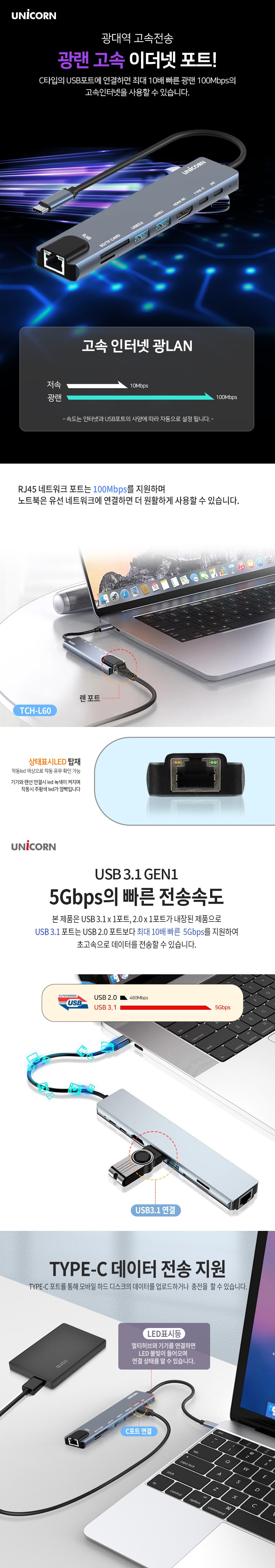 유니콘 8IN1 LAN포트 HDMI USB멀티허브 USB-C통신포트/허브/C타입멀티허브/USB멀티허브/SD카드리더기/맥북