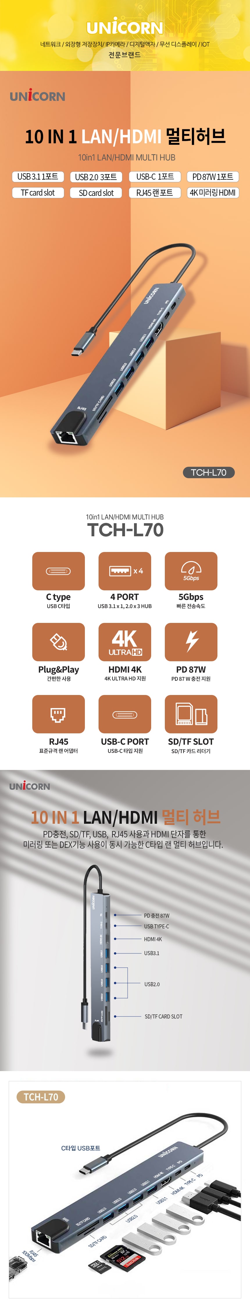 유니콘 10IN1 LAN HDMI USB멀티허브 USB-C통신포트 PD/허브/C타입멀티허브/USB멀티허브/SD카드리더기/맥북