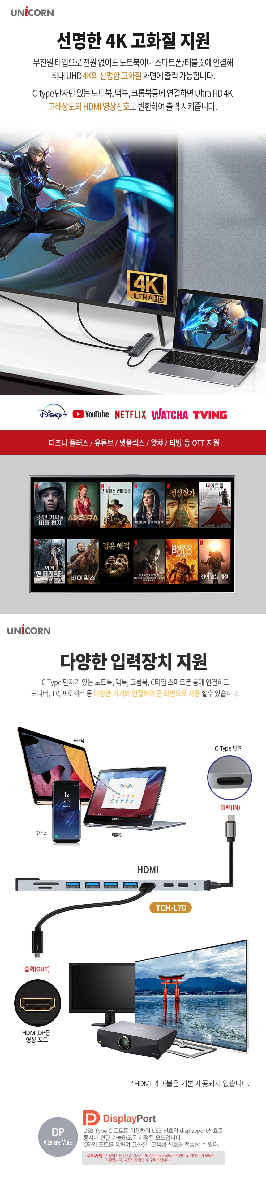 유니콘 10IN1 LAN HDMI USB멀티허브 USB-C통신포트 PD/허브/C타입멀티허브/USB멀티허브/SD카드리더기/맥북