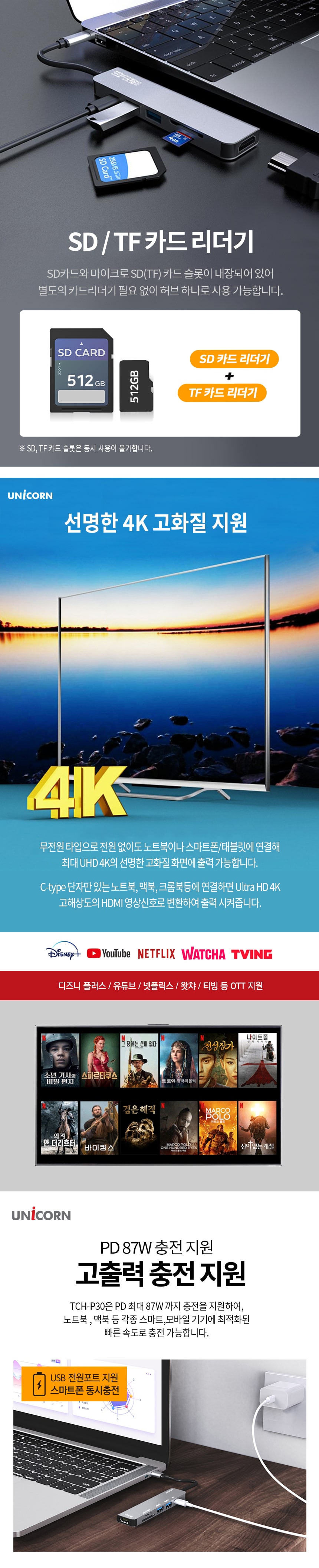 유니콘 6in1 HDMI C타입 멀티허브 4K미러링 TCH-P30/허브/C타입멀티허브/USB멀티허브/SD카드리더기/맥북허