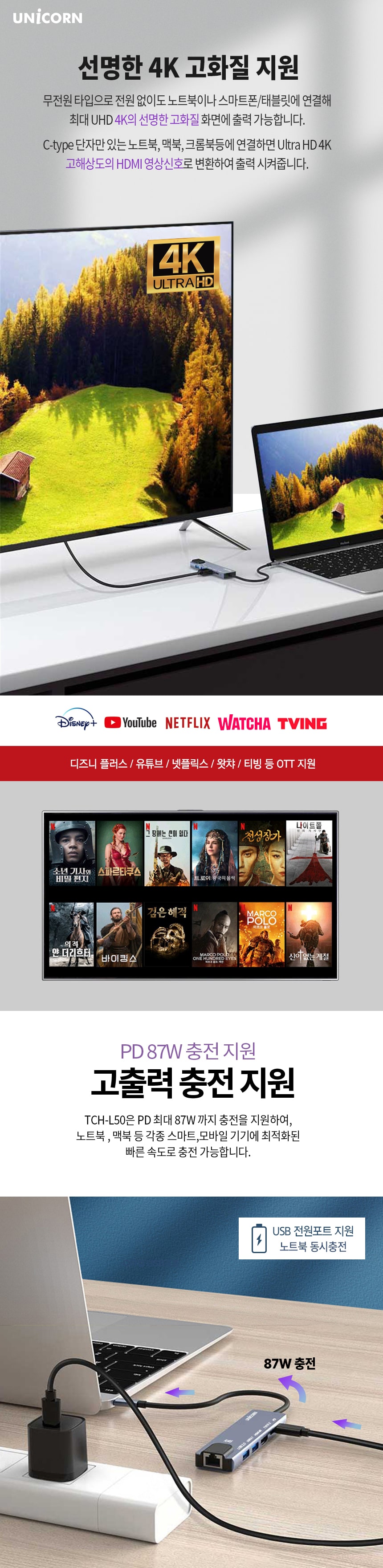 6IN1 LAN포트 HDMI USB멀티허브 TCH-L50 유니콘/허브/C타입멀티허브/USB멀티허브/SD카드리더기/맥북허브/노